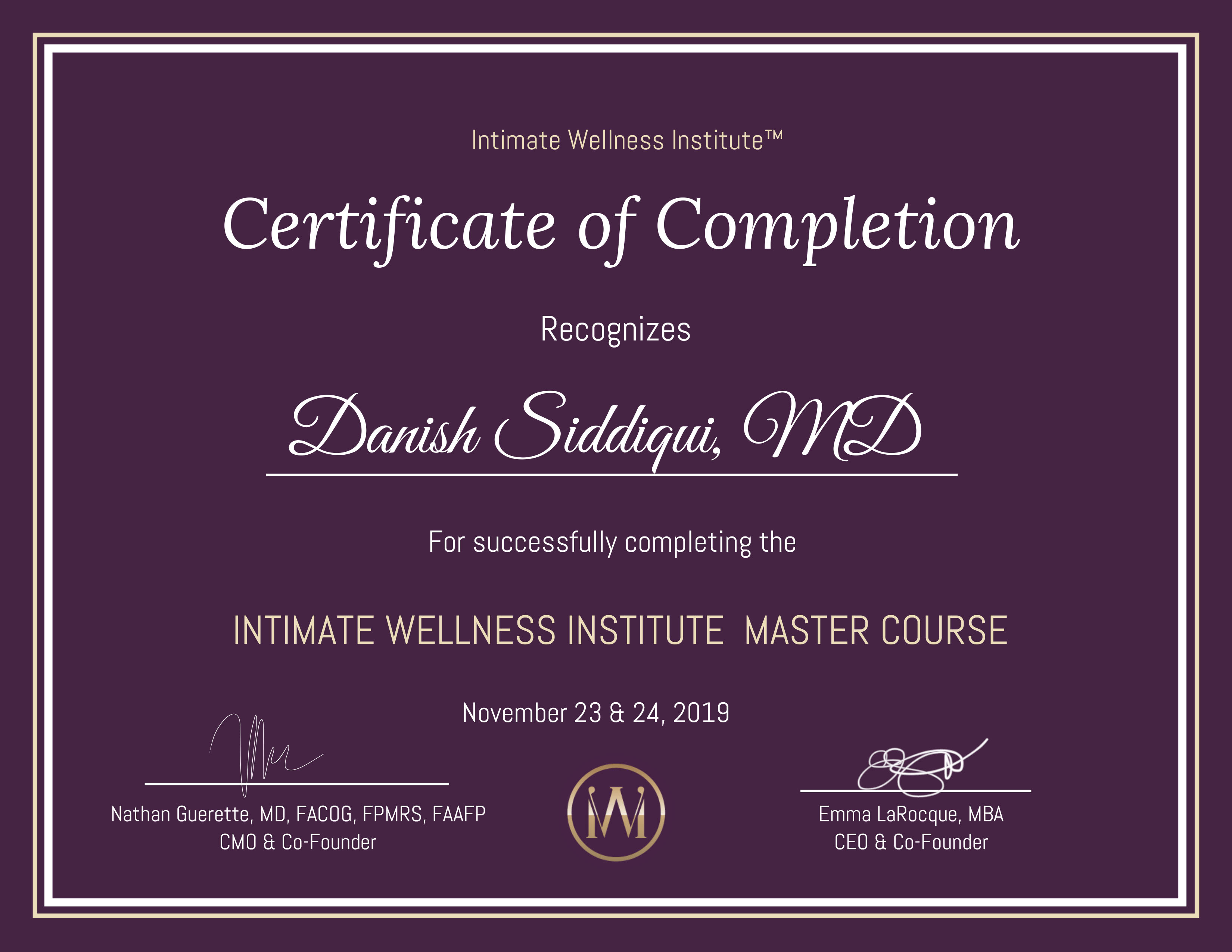 Dr. Danish Siddiqui successfully completed the Intimate Wellness Institute Master Course